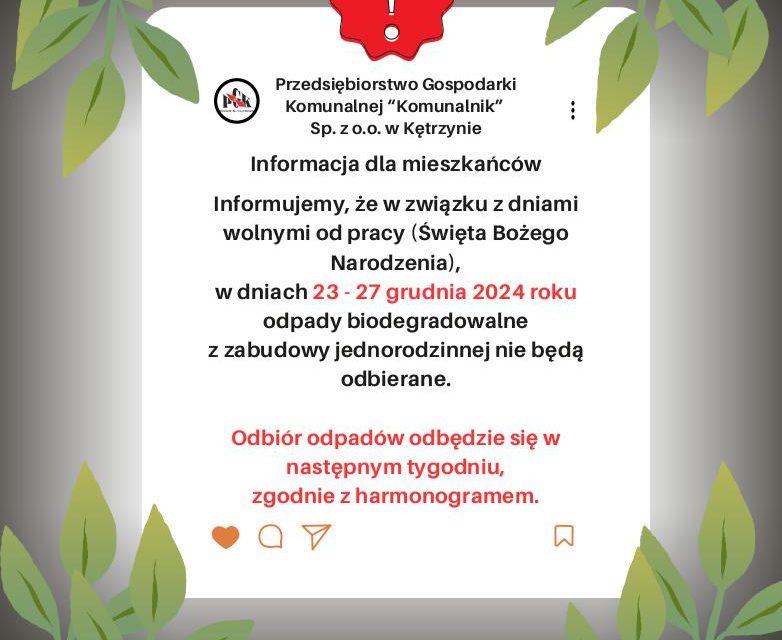 Informacja dotycząca zmiany daty odbioru odpadów BIO