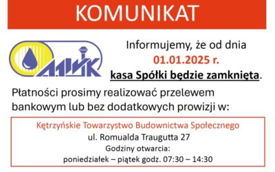 od 1 stycznia 2025 zamknięta kasa w MWiK Kętrzyn